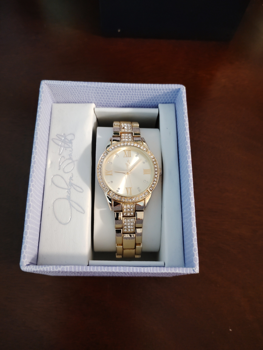 NIB Jaclyn Smith Gold Tone Wide Link Crystal Accent Watch JS Monogram